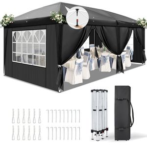 Tendone Istantaneo Nero 3x6m (10x20ft) con 6 Pannelli, 2 Porte, 4 Finestre a Rete, Telaio in Acciaio 28/22mm, Travi Trasversali 10x20mm, Verniciato a Polvere, Singolo - Product Image 1