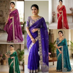 Sari en satin de soie pure de qualité supérieure avec broderie de sequins sur le pallu en C, bordure ajourée et chemisier assorti de la même couleur - Product Image 4