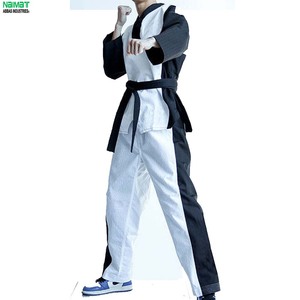 Uniforme de Taekwondo de Dos Tonos con Cuello en V, Dobok de Artes Marciales con Ribete de Cinta, Traje de Entrenamiento de Tela Acanalada con Cinturón Negro Nuevo - Product Image 1