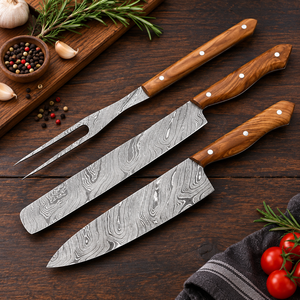 Juego de cuchillos de cocina de acero de Damasco con mango de madera, 3 piezas, hoja de punta recta para cocinar - Product Image 1