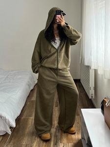 Custom Women's <b>Zip</b> Up Hoodie and Wide Leg Pants Tracksuit Premium Fleece Lounge Set OEM ODM Private Label Apparel - Product Image 4