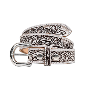 Cinturón de Cuero Premium Vintage con Grabado Floral Estilo Western, Bicolor Blanco y Negro, Cinturón Vaquero de Diseño con Hebilla Plateada Pulida para - Product Image 1
