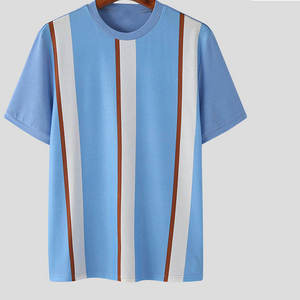 T-shirt à col rond pour homme, manches courtes, tricoté, décontracté, coupe classique, bleu clair, blanc, marron, 100% coton, respirant, color-block - Product Image 1
