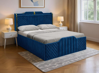 Cadre de lit King Size bleu moderne rembourré avec tête de lit et pied de lit matelassés, rangement intégré, mobilier confortable pour hôtel, villa, chambre à coucher
