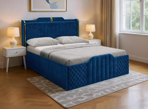 Blue Upholstered <b>Bed</b> Frame Quilted Headboard and Footboard Double <b>Bed</b> <b>with</b> <b>Storage</b> Soft Furniture for Hotel Villa Bedroom - Product Image 2