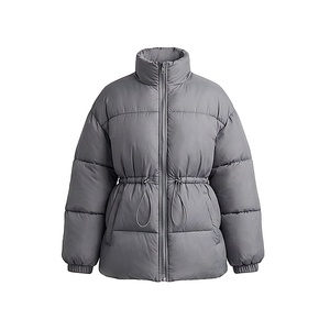Women's Quilted Puffer Jacket Solid Gray Full Sleeve Stand Collar Zipper Closure Windproof Winter Coat Adjustable Waist - Product Image 1