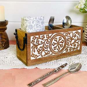 Porte-couverts de ferme à 3 compartiments en bois avec poignées en métal pour comptoir de cuisine - Product Image 2