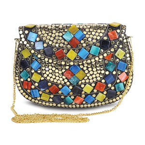 Handmade Ladies Evening <b>Clutch</b> Bags Mother of Pearl Metal Mosaic Kundan Indian Vintage Oval Multicolor Candid Metal Crafts - Product Image 2