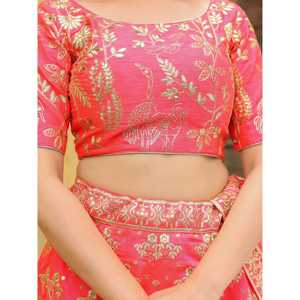 Encantador Peach Bordado Seda Boda Lehenga Choli Con Dupatta - Product Image 3