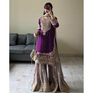 TRENDING GEORGETTE CODIFICACIÓN SECUENCIA BORDADO TRABAJO TOP SHARARA CON DUPATTA MORADO - Product Image 1