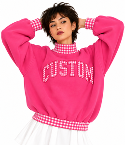 OEM Custom <b>Women</b>’s <b>Christmas</b> Oversized Mock Neck <b>Sweatshirt</b> Gingham Sleeves Letter Applique Embroidery Drop Shoulder Winter - Product Image 5