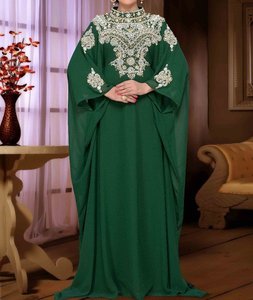 Abaya vert perlé à col montant, longueur ras du sol, pour femme, manches longues, en polyester, grande taille, style Moyen-Orient, pour soirée et fête - Product Image 1