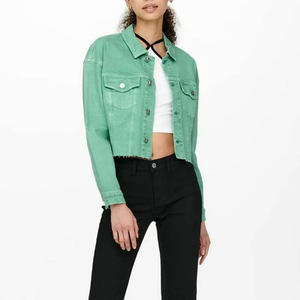 Fashion Green <b>Cropped</b> <b>Denim</b> <b>Jacket</b> for Women Custom Logo Long Sleeve Jean Coat Manufacturer Supply - Product Image 4