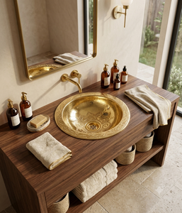 Lavabo Redondo de Latón para Baño con Acabado Martillado Fino y Textura Dorada Decorativa para Hoteles de Lujo, Spa, Venta al por Mayor y Exportación - Product Image 2