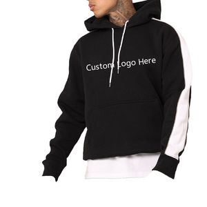 Sweat-shirt à capuche noir pour homme avec bandes blanches sur les manches, logo personnalisé, poche avant, coupe décontractée oversize, idéal pour l'automne - Product Image 2