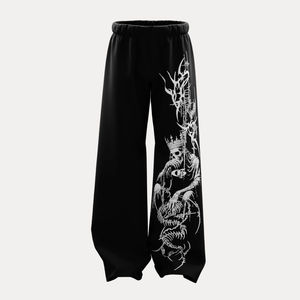 Pantalones Góticos de Pierna Ancha Negros, Largos, de Cintura Alta, Ajuste Holgado, con Estampado de Calavera, Serigrafía y Bordado Decorativo en la Pierna Derecha - Product Image 6