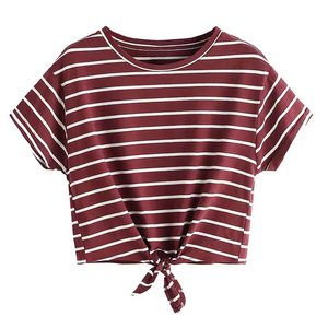 เสื้อครอปผู้หญิงลายทาง แขนสั้น คอกลม ทรงหลวม สวมใส่สบาย เสื้อยืดถักแขนสั้น สำหรับฤดูใบไม้ผลิและฤดูร้อน ระบายอากาศได้ดี - Product Image 1