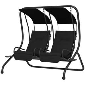 Dondolo da Esterno a 2 Posti Confortevole con Sedili Indipendenti, Cuscini, Piedini Antiscivolo e Portabicchieri per Patio e Giardino - Nero - Product Image 1