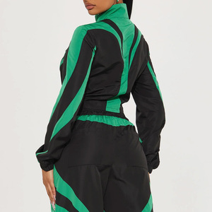 Conjunto Deportivo para Mujer, Color Negro y Verde, Bloques de Color, Manga Larga, Cuello Alto, Corte Holgado, Pantalones de Secado Rápido, Primavera, Adulto - Product Image 5
