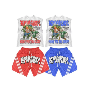 Conjunto de Camiseta y Pantalones Cortos Oversize para Hombre, Lavado Ácido, Estampado de Grafiti Personalizado, Patrón de Letras, 100% Algodón Jersey, Estilo Casual Desgastado, Dos Piezas - Product Image 5