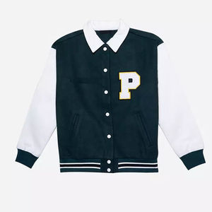 Chaqueta Varsity para Mujer, Verde Oscuro con Mangas Blancas, Letra P Bordada en la Parte Delantera, Cuello Camisero, Manga Larga, para Otoño - Product Image 1