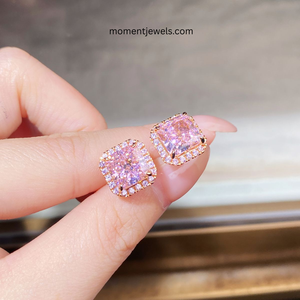 Pink Moissanite <b>Stud</b> Earrings 10K Solid Gold Princess Cut Claw Setting Halo Earrings for Women Wedding Gift - Product Image 4
