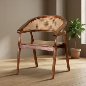 Silla Vintage de Madera con Reposabrazos y Respaldo de Mimbre Tejido a Mano, Elegante Mueble de Salón para Interiores y Exteriores, para Sala de Estar y Dormitorio - Product Image 2