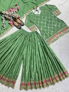 Ensemble Sharara Palazzo Kurti pour femme PinkCityBlocks, broderie indienne, dupatta, en soie Chinon, imprimé numérique, réversible, livraison rapide - Product Image 4