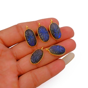 Labradorite Flower Carved Pendant Unique Fashion Gold-Plated Bezel Set with Brass Trendy Style Pendants & Charms - Product Image 2