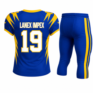 Uniforme de football américain pour hommes LANEX IMPEX de qualité supérieure LI-AFU-30, ensemble maillot et pantalon bleu et jaune avec impression par sublimation, numéro 19 - Product Image 3