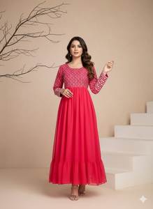 Vestido Anarkali de Georgette Rosa Bordado, Manga Larga, Cuello Barco, Largo, para Fiestas, Completamente Cosido, Vestido Étnico - Product Image 3