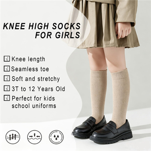 Calcetines Altos hasta la Rodilla de Algodón Beige para Niñas, con Puntera Sin Costuras y Puños Acanalados, Calcetines para Uniforme Escolar - Product Image 2