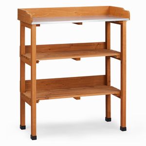 Tavolo da Giardinaggio Pieghevole per Esterni, Postazione di Lavoro in Legno per Orticoltura con 2 Ripiani e 3 Ganci, Piano in Metallo - Product Image 3