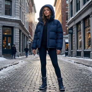 Veste matelassée à capuche unisexe bleu marine, manteau d'hiver chaud à fermeture éclair, streetwear d'extérieur, vêtements personnalisés à marque privée, OEM ODM - Product Image 4