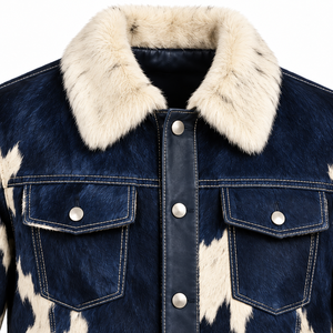 Chaqueta de Cuero Vacuno para Hombre con Botones Frontales, Estilo Western con Parches, Cuello de Felpa, Estilo Vaquero Corto, Ropa Exterior Retro Casual a la Moda - Product Image 4