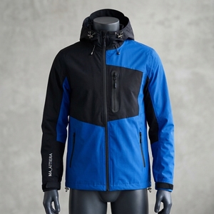 Chaqueta cortavientos con capucha para hombre, azul y negra, con bloques de color, cremallera completa, para deportes al aire libre y senderismo, con bolsillos. - Product Image 1