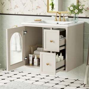Mobile Bagno Sospeso da 24 Pollici per Spazi Ridotti con Lavabo in Ceramica, 2 Cassetti e 1 Anta con Chiusura Ammortizzata - Product Image 4