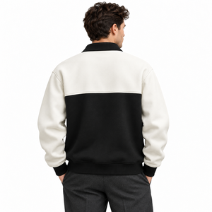 Sweat-shirt personnalisé en gros, noir et blanc, à blocs de couleur, avec col contrastant, fermeture éclair frontale et poche, style streetwear, pull-over - Product Image 5