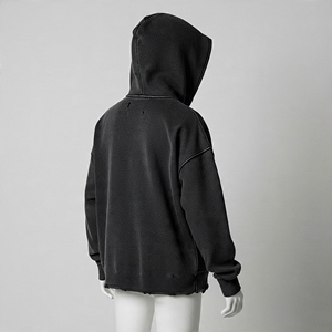 Distressed Boxy Hoodie Vintage Wash Dropped Shoulders Ribbed Cuffs Streetwear Oversized Hoodie with Custom Logo - Product Image 5