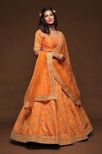 <b>Orange</b> Embroidered Wedding Lehenga Choli Art Silk <b>Saree</b> Set Bride Festival Formal Wear Rivaayat House In-Stock Items - Product Image 4