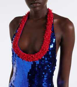 Robe midi bleu roi à sequins, col halter, décolleté perlé rouge, coupe trapèze, simple, moulante, cocktail, glamour, ajustée, sans manches, 100% - Product Image 1