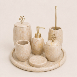Ensemble d'accessoires de salle de bain en marbre, fait main, en pierre naturelle, organiseur de vanité avec distributeur de savon, porte-brosse à dents et plateau rond - Product Image 3