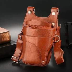 Étui de Barbier en Cuir Cognac Professionnel pour Ciseaux, Pochette à Outils de Coiffeur à Fond Arrondi avec Bandoulière OEM ODM - Product Image 4