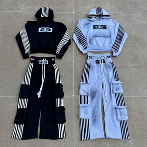 Ensemble de survêtements décontractés personnalisés 2026 en molleton 100 % polyester avec pantalon à double ceinture et sweat à capuche, à rayures, unisexe, pour l'hiver - Product Image 5