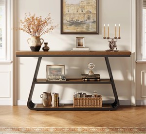 Table console en bois moderne avec structure en métal, design industriel, rangement, meubles de salon - Product Image 2
