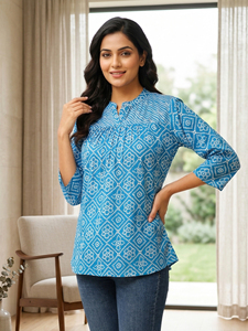 Women's Rayon Bandhej Printed Short <b>Kurti</b> Blue Mandarin Collar Three Quarter Sleeves Casual Ethnic Wear Daily Fashion <b>Kurti</b> - Product Image 5