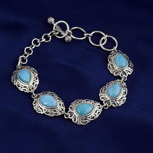 <b>Solid</b> 925 Sterling <b>Silver</b> Larimar <b>Bracelet</b> Natural Blue Gemstone Oxidized Jewelry With Adjustable Toggle Lock Chain 7.5 inches - Product Image 1