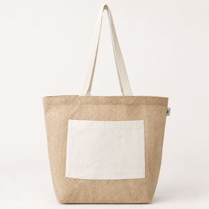 Bolsa de Compras de Yute Natural con Bolsillo Frontal de Algodón, Logotipo Personalizado, Reutilizable, Promocional, Venta al por Mayor, OEM, Marca Privada - Product Image 5