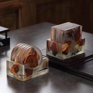 Hot Sale <b>Square</b> & Round Design Wood Resin Coaster with Holder <b>Set</b> Tea & Coffee Cup Mats & Pads - Product Image 5