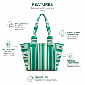 Bolsa de Mano de Tela de Nailon Reciclado con Diseño de Rayas Verdes, Bolsa de Compras Reutilizable para Viajes Diarios, Playa y Compras - Product Image 6
